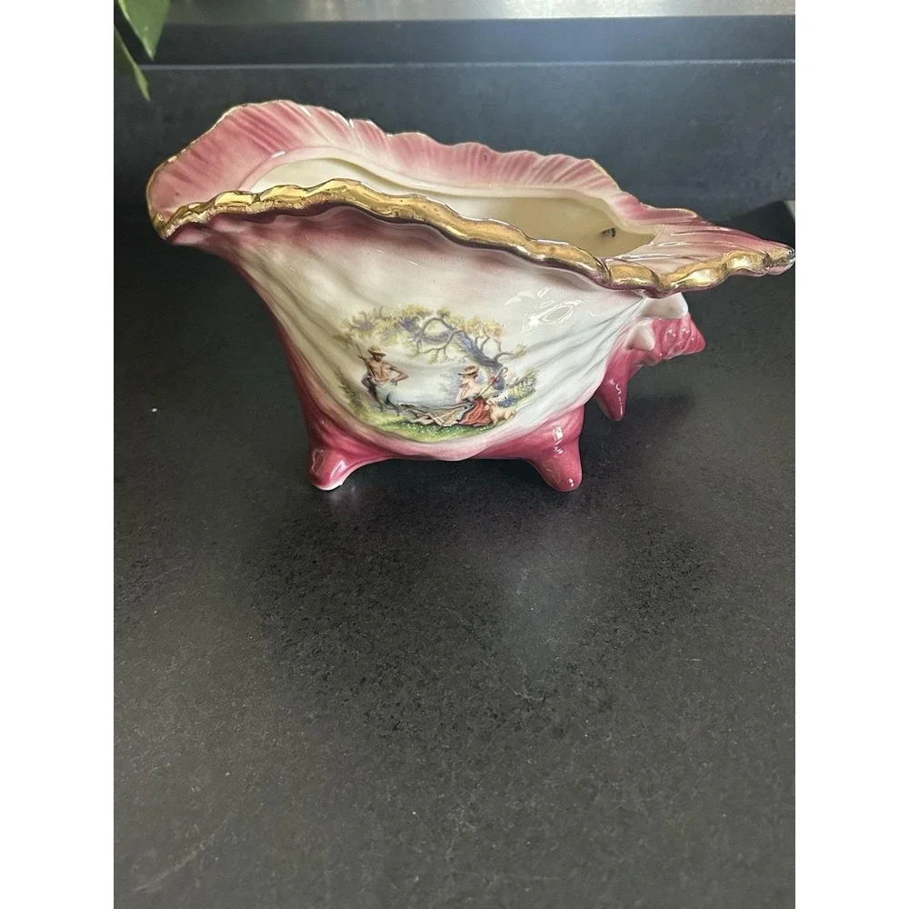 Vintage KLM Staffordshire Ceramic Seashell with Romantic Scene and Gold Trim